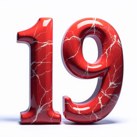 The number nineteen is depicted in a shiny red marble style, with white veins running through it, on a white background, making it a unique birthday card illustration.の素材