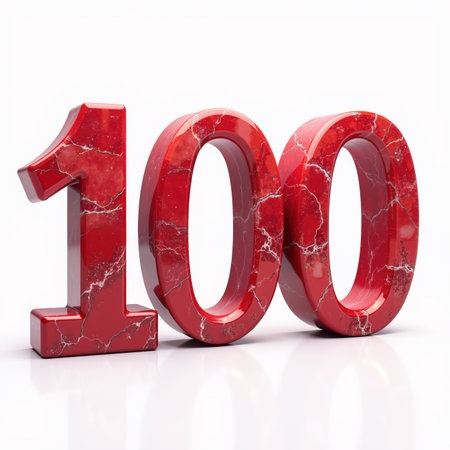 Beautiful red marble number 100 on white background, illustration for a birthday card.の素材