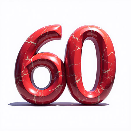 Beautiful red marble number 60 with gold veins, shiny and glossy on white background, illustration for a 60th birthday card.の素材