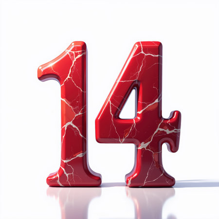 Beautiful red marble number 14 with white veins on a white background, illustration for a birthday card.の素材