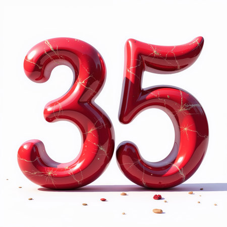 Beautiful red glossy number 35 with golden cracks on a white background, an illustration for a birthday card.の素材