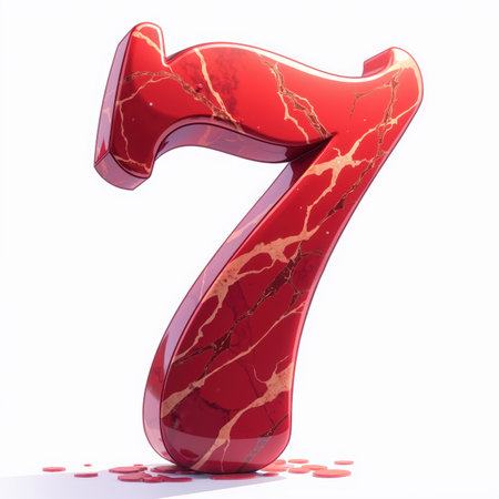 The number seven is depicted in a shiny red marble style, standing upright on a white background with scattered red confetti, perfect for a birthday card illustration.の素材