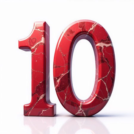 The number 10 is depicted in a shiny red marble finish with white veins on a white background, illustration for a birthday card.の素材