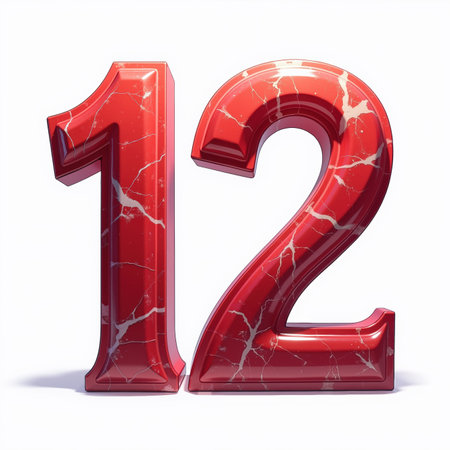 The number 12 is depicted in a shiny red marble style, with white cracks and a glossy finish, on a white background, making it a unique birthday card illustration.の素材