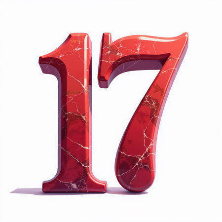 The number seventeen is depicted in red marble with white veins on a white background, illustration for a birthday card.の素材