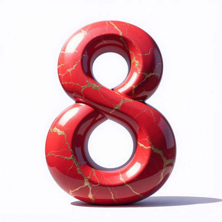 The number 8 is a birthday illustration on a white background, with a red marble texture and gold veins, shiny and reflective.の素材