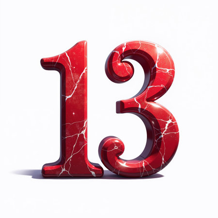Beautiful red marble number 13 with white veins, shiny surface, and subtle shadow on white background, perfect for birthday card illustration.の素材