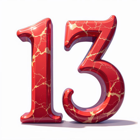 The illustration for a birthday card features a shiny red marble thirteen with gold cracks, on a white background, giving a luxurious feel.の素材