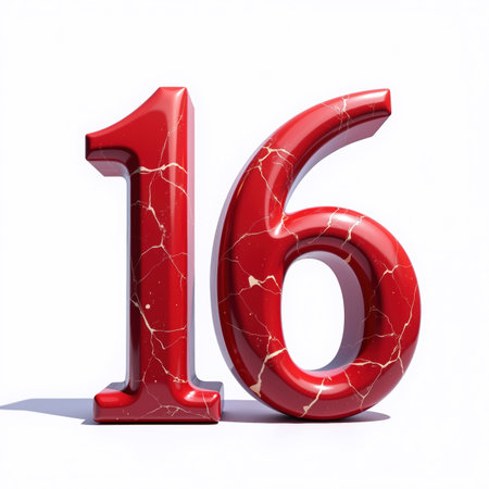 Illustration for a birthday card, red marble number 16 on a white background.の素材