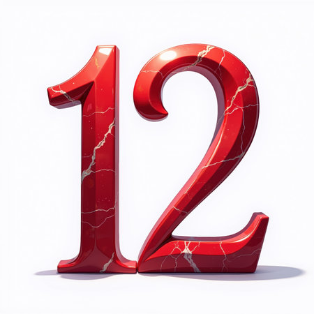 The number 12 is depicted in a shiny red marble style, with white veins, on a white background, making it a unique illustration for a birthday card.の素材