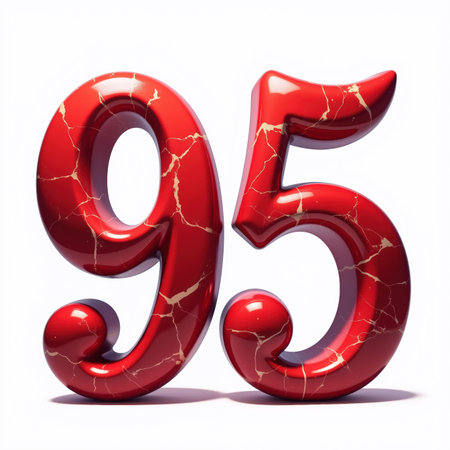 Large, glossy, red marble numbers 95 on a plain white background, perfect for a 95th birthday card.の素材