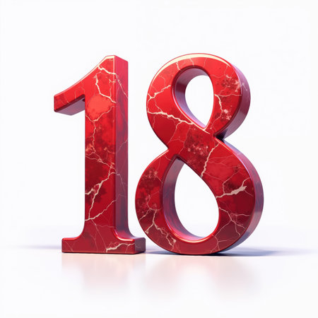 The number 18 is depicted in a red marble texture with white veins, standing upright on a white background, creating a birthday illustration for an 18th birthday card.の素材