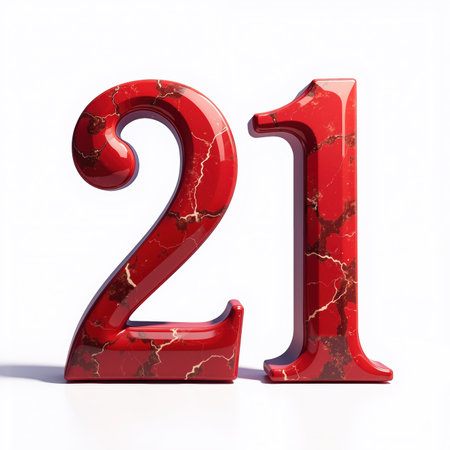 The number 21 is depicted in red marble with gold veins on a white background, a birthday illustration.の素材