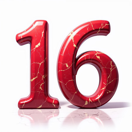 The number 16 is a shiny red marble design with gold veins on a white background, perfect for a birthday card illustration.の素材