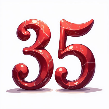 The number 35, crafted from red marble, has a glossy finish and cracks, casting subtle shadows, on a white background, making it a sophisticated birthday card illustration.の素材