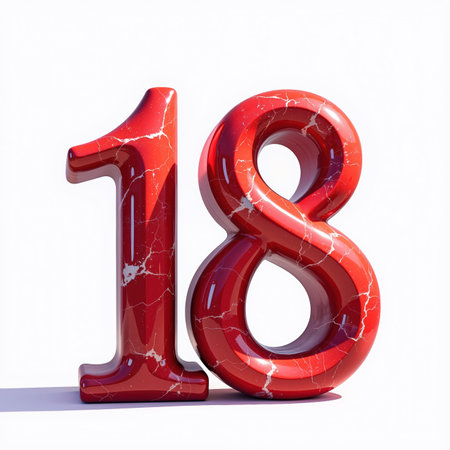 Beautiful red marble number 18 illustration for a birthday card, shiny and cracked texture on white background.の素材