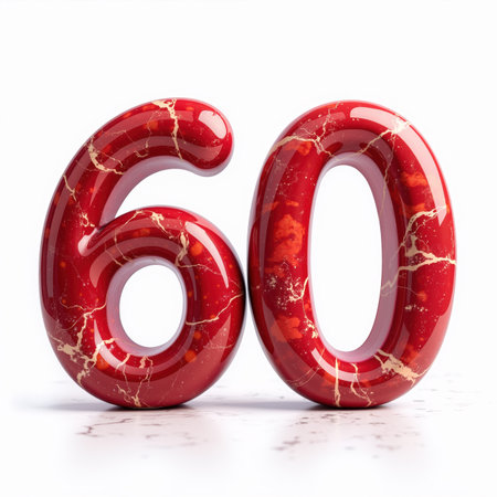 Beautiful red marble-textured number 60 with gold veins on a white marble surface, ideal for a 60th birthday card.の素材