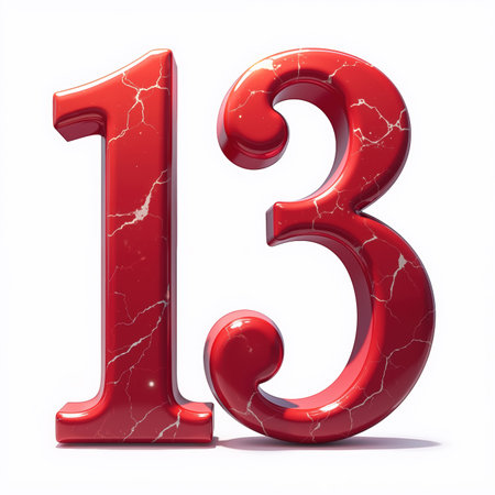 The number 13 is depicted in a shiny red marble-like style on a white background, illustration for a birthday card.の素材