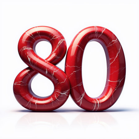 The number 80 is depicted in a shiny red marble finish on a white background, illustration for a birthday card.の素材