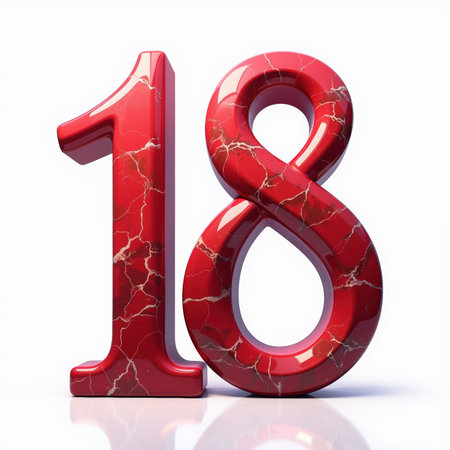 Red marble eighteen on a white background, perfect for a birthday card, shining with a subtle reflection.の素材