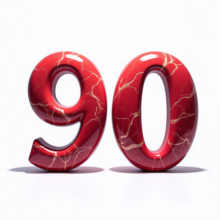 The number 90 is a shiny red marble illustration on a white background, perfect for a birthday card, featuring gold veins and subtle shadows.の素材