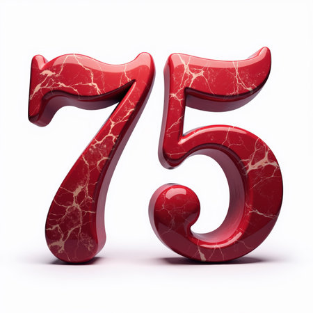 The number 75, depicted in red marble, glows on a white background, perfect for a 75th birthday card illustration.の素材