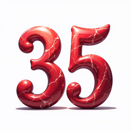 Beautiful red marble number 35 with white veins on a white background, shiny and reflective, an illustration for a birthday card.の素材