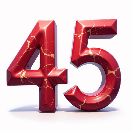 The number 45 is depicted in red marble with gold veins, shiny and reflective on a white background, perfect for a 45th birthday card.の素材