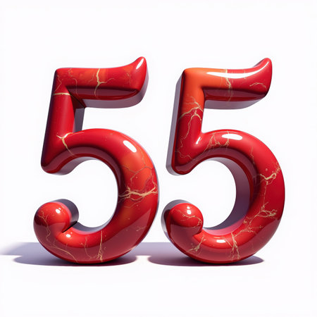 Shiny red marble number 55 with gold cracks on a white background, a birthday illustration.の素材