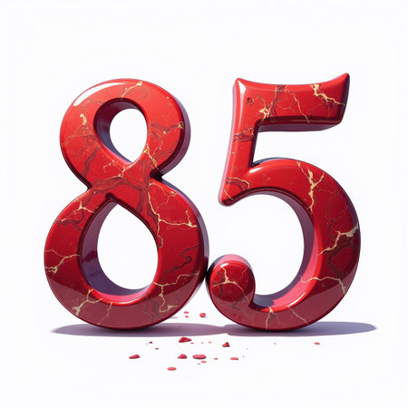 The number 85 is depicted in a luxurious red marble style, shiny and cracked, on a white background, perfect for an 85th birthday card.の素材