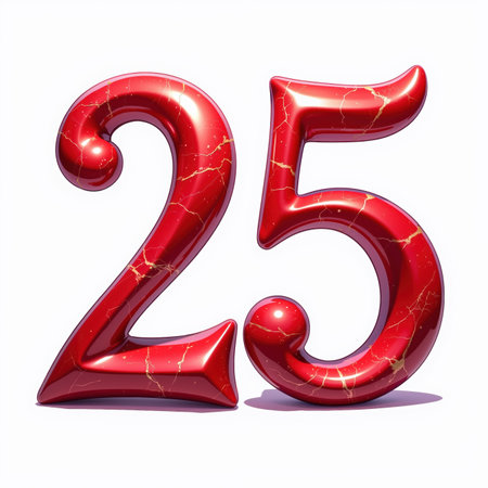 The number 25 is depicted in a shiny red marble-like finish with gold cracks on a white background, illustration for a 25th birthday card.の素材