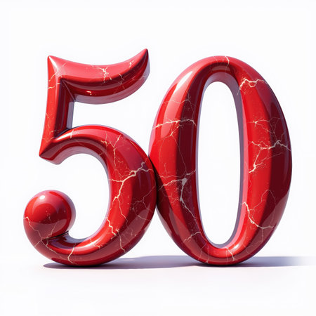 Illustration of number 50 in red marble texture on white background for a birthday card.の素材