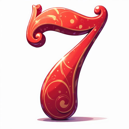 Beautiful red number 7 with swirling designs, shiny and festive, on a white background, casting a shadow, perfect for a birthday card.の素材