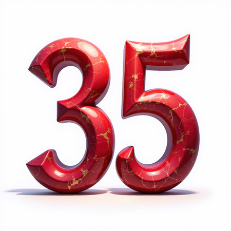 The number 35 is a shiny red marble-like illustration for a birthday card on a white background.の素材