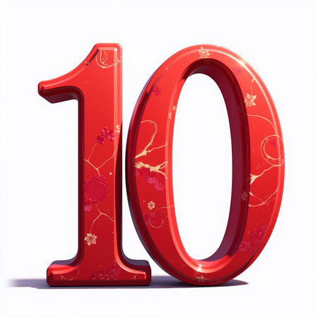 The number 10 is depicted in a shiny red color with floral patterns on a white background, perfect for a birthday card.の素材