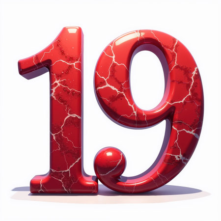 Beautiful red marble number 19 with white veins, shiny and glossy on a white background for a birthday card.の素材