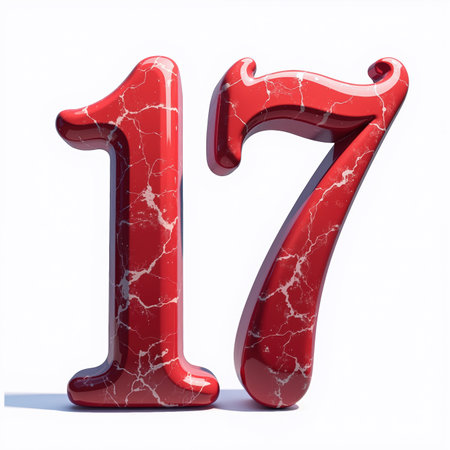 The number 17 is depicted in a bold, shiny red marble style against a white background, ideal for a birthday card illustration.の素材