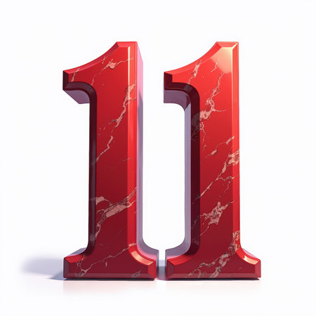 Beautiful red marble number 11 with white veins on a white background for a birthday illustration.の素材