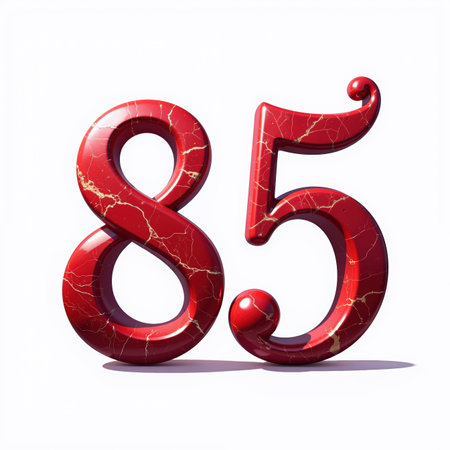 The number eighty five is a red marble-textured illustration on a white background for a birthday card.の素材