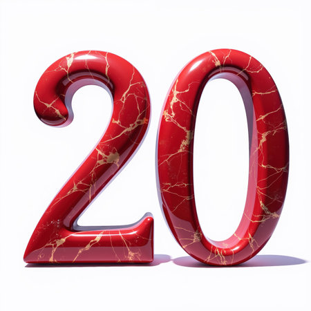 The number twenty is a shiny, red marble-like illustration for a birthday card on a white background, with gold veins.の素材