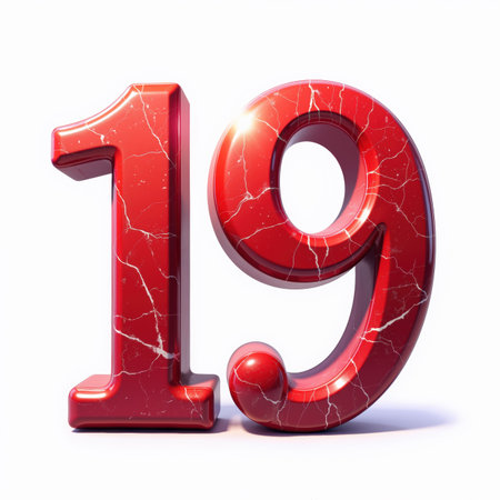 The number 19 is a shiny red marble texture with white veins, on a white background, an illustration for a birthday card.の素材
