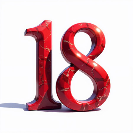The number 18 is depicted in a shiny red marble finish on a white background, making it a stylish birthday card illustration.の素材