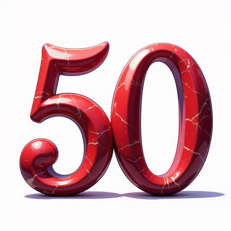 The number 50 is depicted in red marble with gold veins on a white background, illustration for a 50th birthday card.の素材