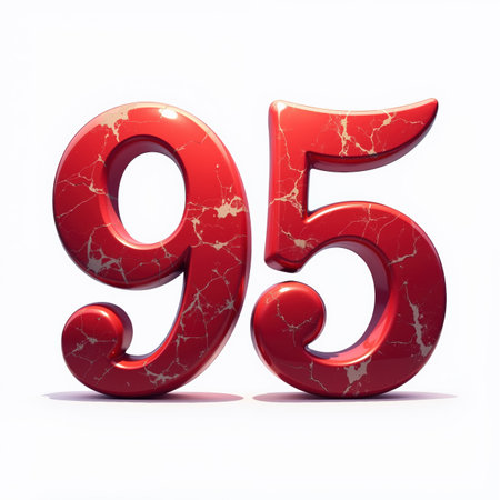 The number 95 is depicted in a bold, red marble style on a white background, illustration for a 95th birthday card.の素材
