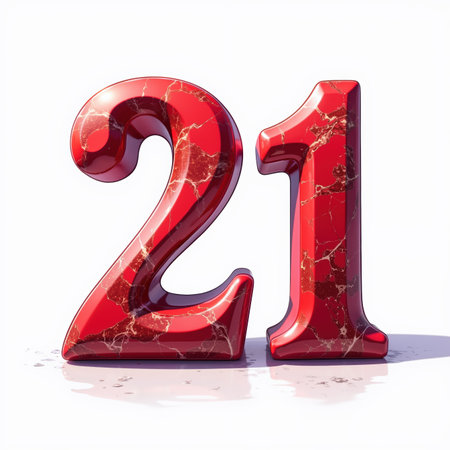 The number 21 is depicted in red marble with gold veins, shiny and reflective on a white background, making it a beautiful birthday illustration.の素材