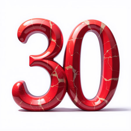 The number 30 is rendered in a shiny, red marble-like style against a white background, perfect for a birthday card illustration.の素材