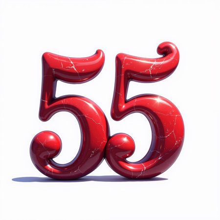 The number 55 is a red marble illustration for a birthday card, with a shiny surface and white cracks, standing on a white background with a slight shadow.の素材