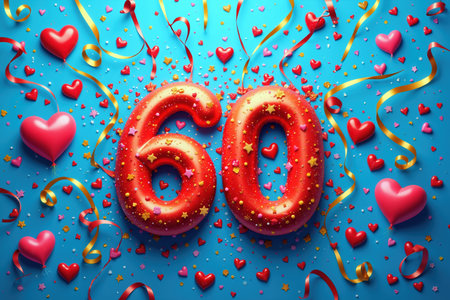 Large red 60 balloons surrounded by hearts, stars, and ribbons on blue.の素材