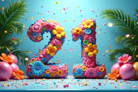 Vibrant 3D number 21 adorned with colorful flowers, decorations, and confetti, surrounded by palm trees and balloons on a blue background.の素材