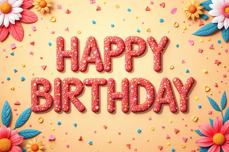 Red HAPPY BIRTHDAY text covered in sprinkles, surrounded by colorful confetti and flowers on a peach background.の素材